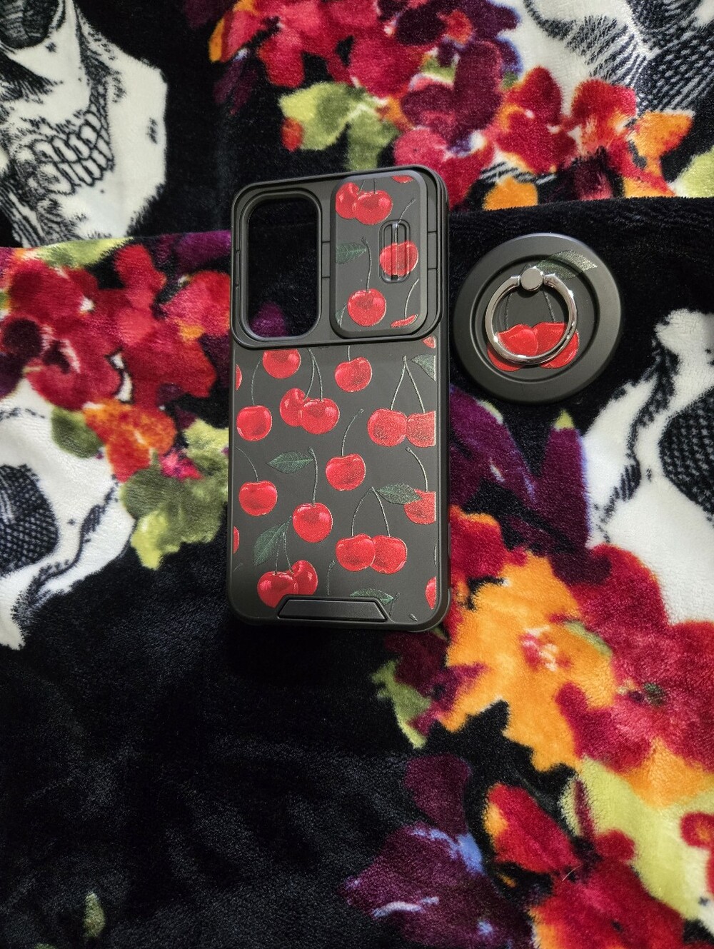Samsung S24Plus Cherry Print Black Phone Case with Ring Holder
